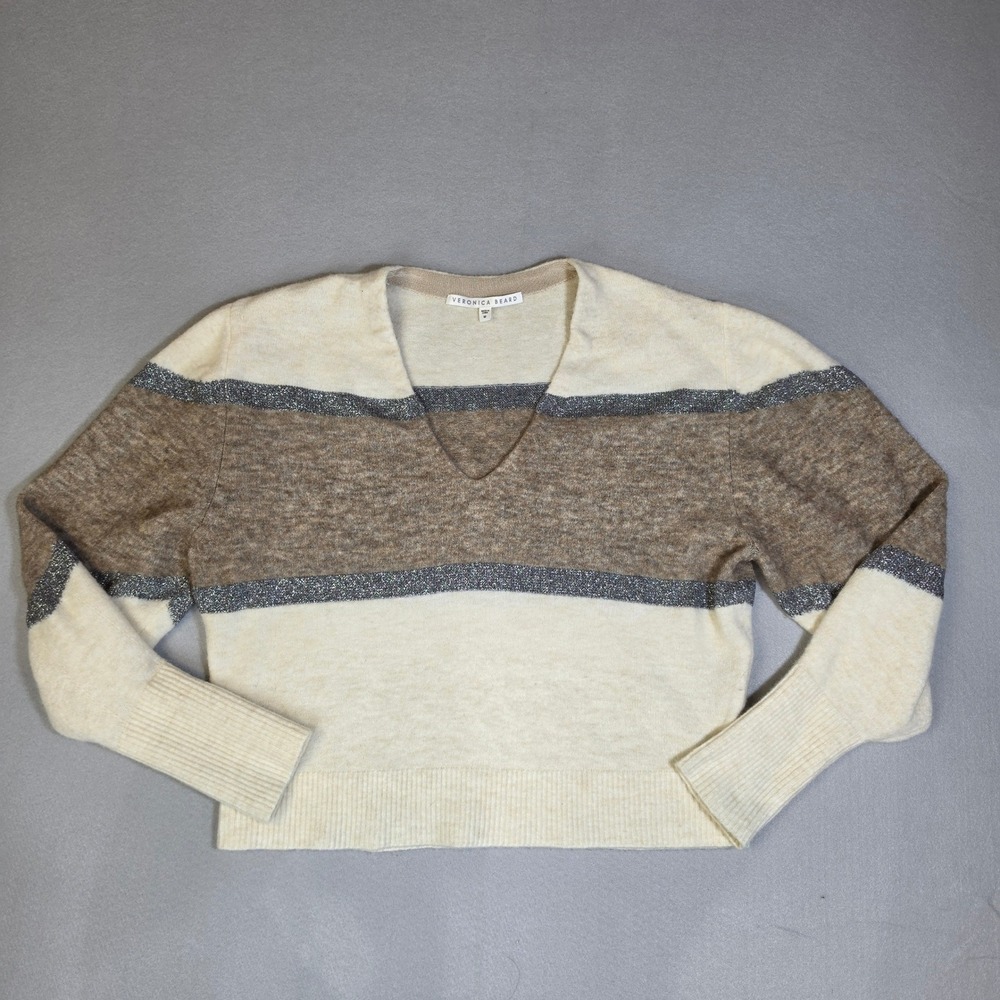 Veronica Beard Quiet Luxury Colorblock Sweater M Merino Wool Alpaca Cream Tan